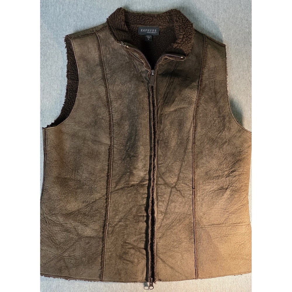 Express World Brand Leather Vest Womens Brown Sherpa Lined Quilted Bodywarmer